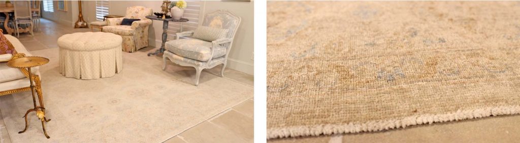 Cream, gray, and light blue colored area rug in Amitha’s home to show monochromatic designs.