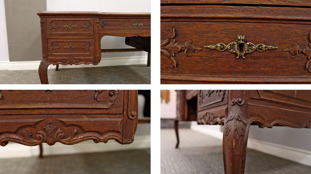A close up of the beautiful wooden details on this partner's desk in the farmhouse style found on the latest antique shopping haul, by Amitha Verma.