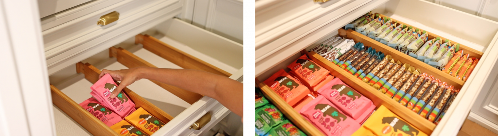 Amitha Verma places grab and go snacks into her farmhouse pantry organizing drawers.