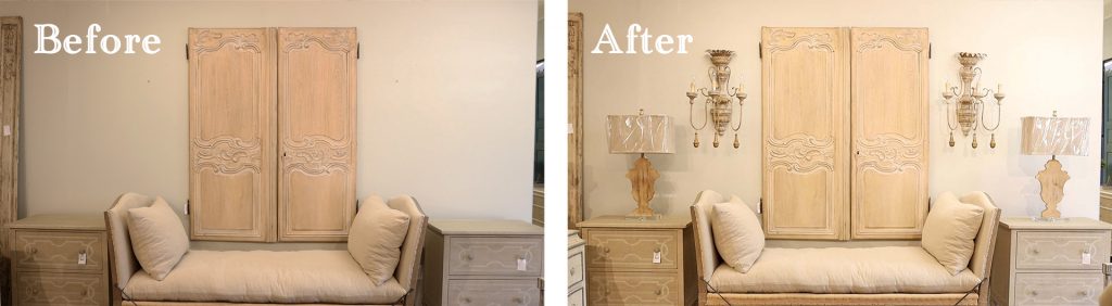 The final room makeover reveal using farmhouse lighting at Village Antiques.