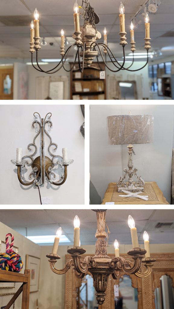 Chandeliers, wall scones, and table lamps available at Village Antiques in Houston, TX.