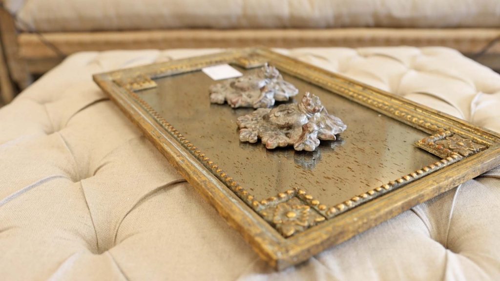 Antique style gold tray from Village Antiques in Houston adds to the farmhouse fall decor trends of 2021, by Amitha Verma.