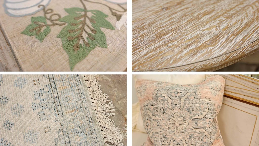 Farmhouse fall decor trends found at Village Antiques include various types of textured fabrics and surfaces seen in embroidered table runners, tabletops, rugs, and pillows. All designed by Amitha Verma.