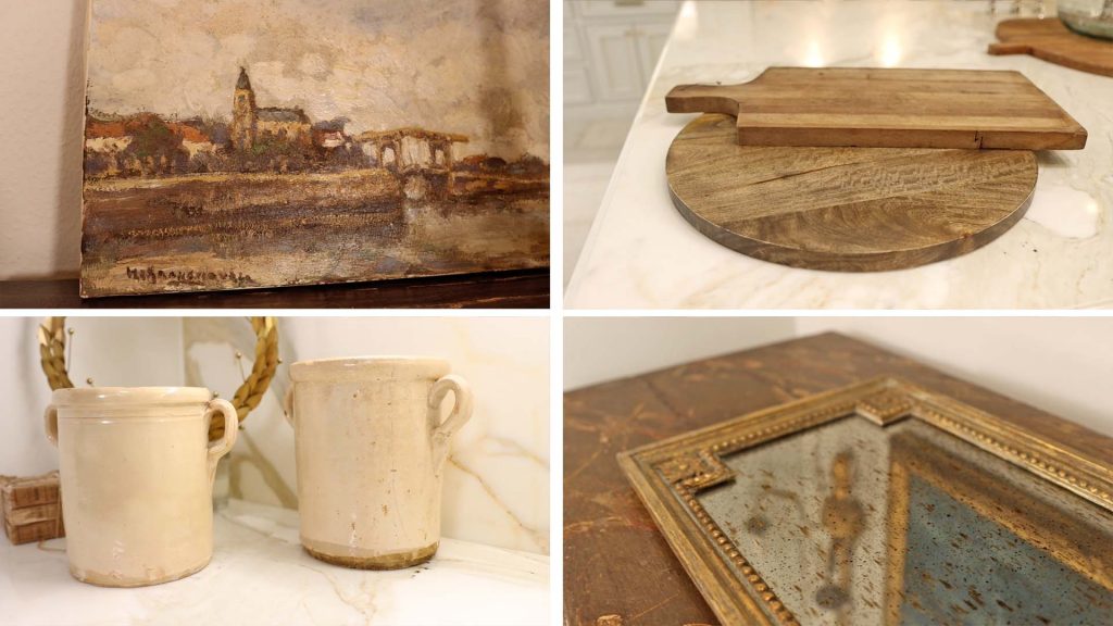 Instead of adding large pieces of farmhouse furniture to a home to add character, Amitha Verma suggests adding vintage inspired home decor like art, breadboards, aged kitchenware, and trays.