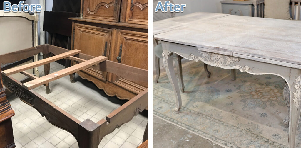 This before and after breakfast table makeover has beautiful carvings and elegant shapes in the legs and apron with an inlay, marquetry top.